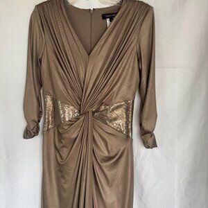 Tadashi Shoji Taupe Long Sleeve Dress | Elegant Evening Party Formal